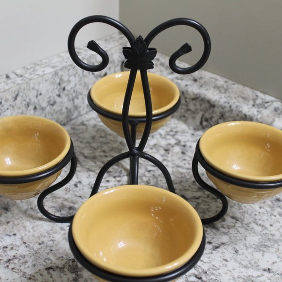 Longaberger Dessert Bowls with Wrought Iron Caddy Server Stand Butternut Yellow - Picture 4 of 8